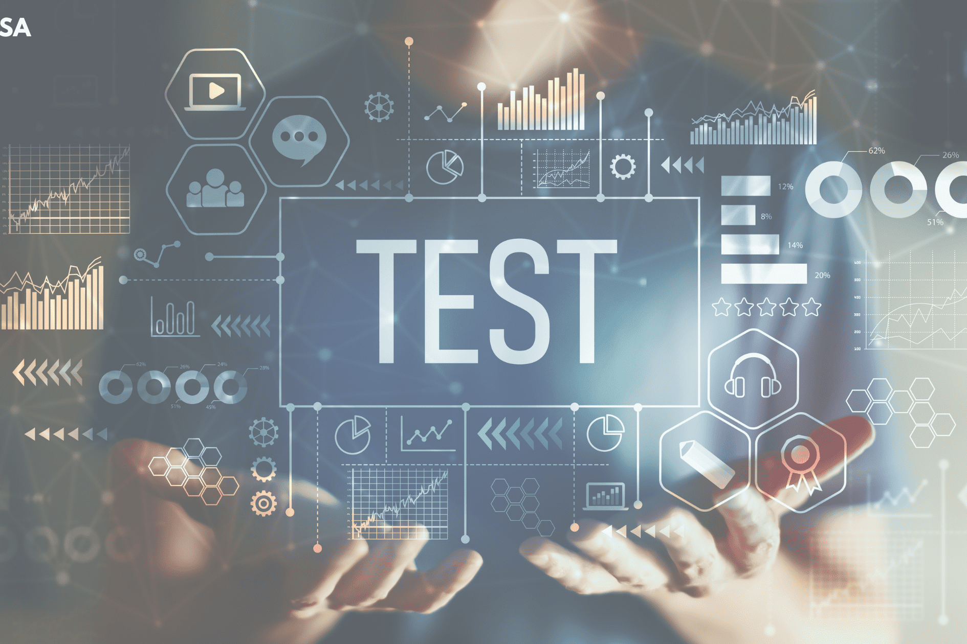 hand holding up images of graphs and the word test